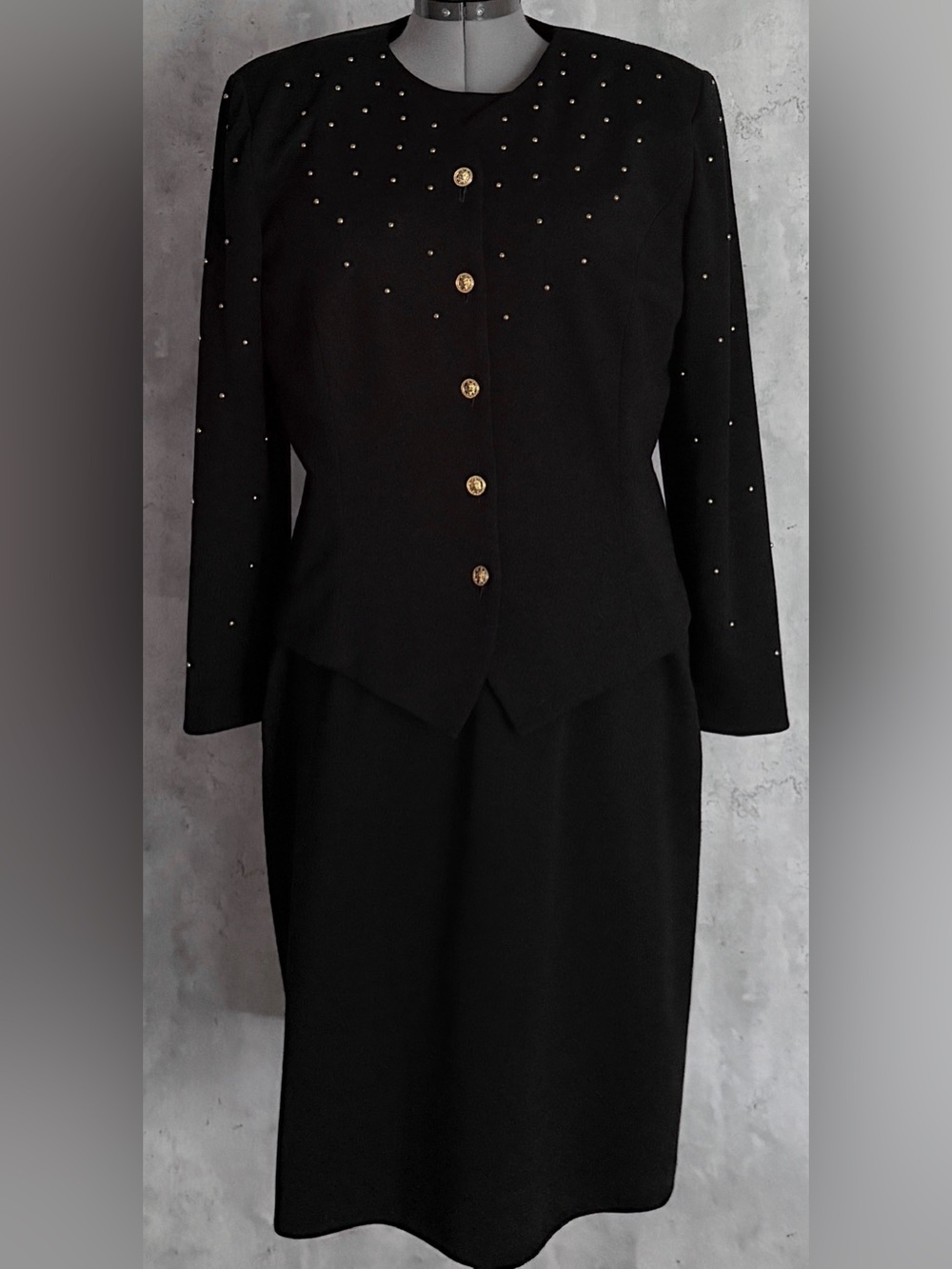 Vtg Leslie Fay Dress Suit Sz 16 Black Gold Studded Jacket 2 Pc Sheath Midi ILGWU